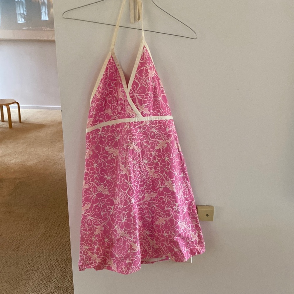 LILY PULITZER pink salamander dress, V neck with tie around neck and low back